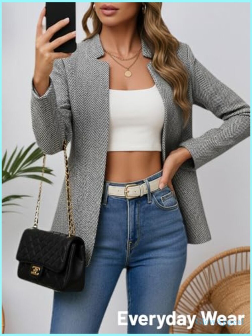Lightweight Open Front Tweed Blazer - Plaid Stand Collar Lined Casual Work - Picture 4 of 7